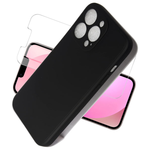 coque iPhone 13 Pro Max Noir en silicone avec Verre Trempé